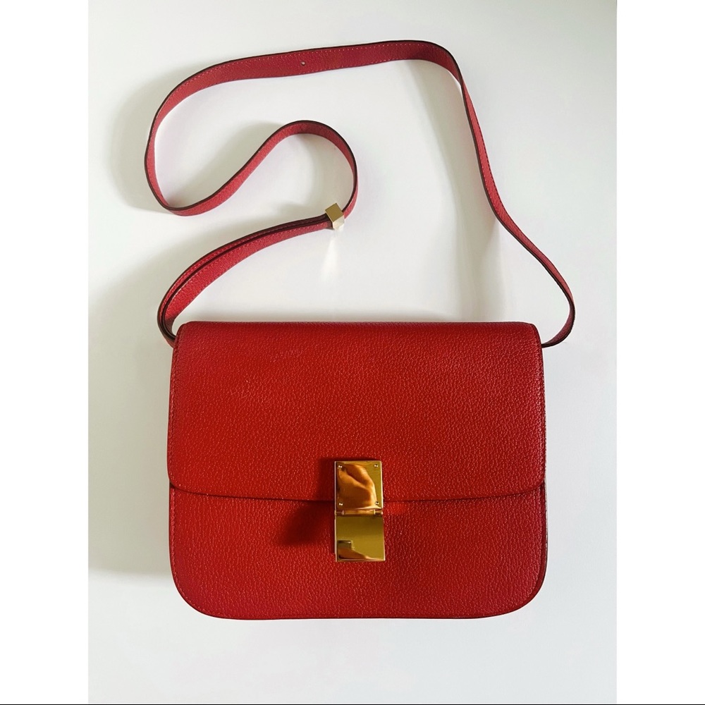 $4500 Celine medium box bag shoulder bag Phoebe Philo classic icon red pebbled
